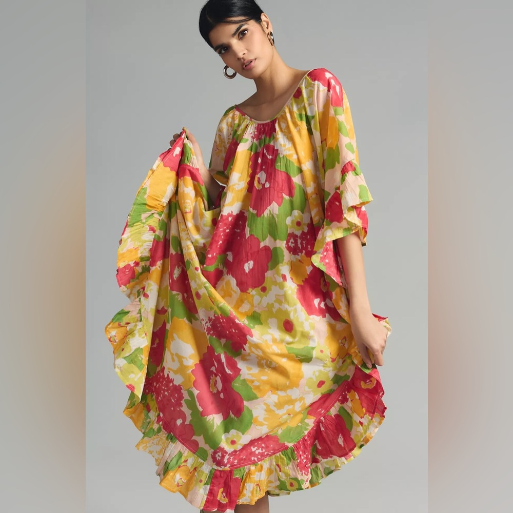 Anthropologie Floral Ruffled Midi Dress in Yellow, Pink, Green